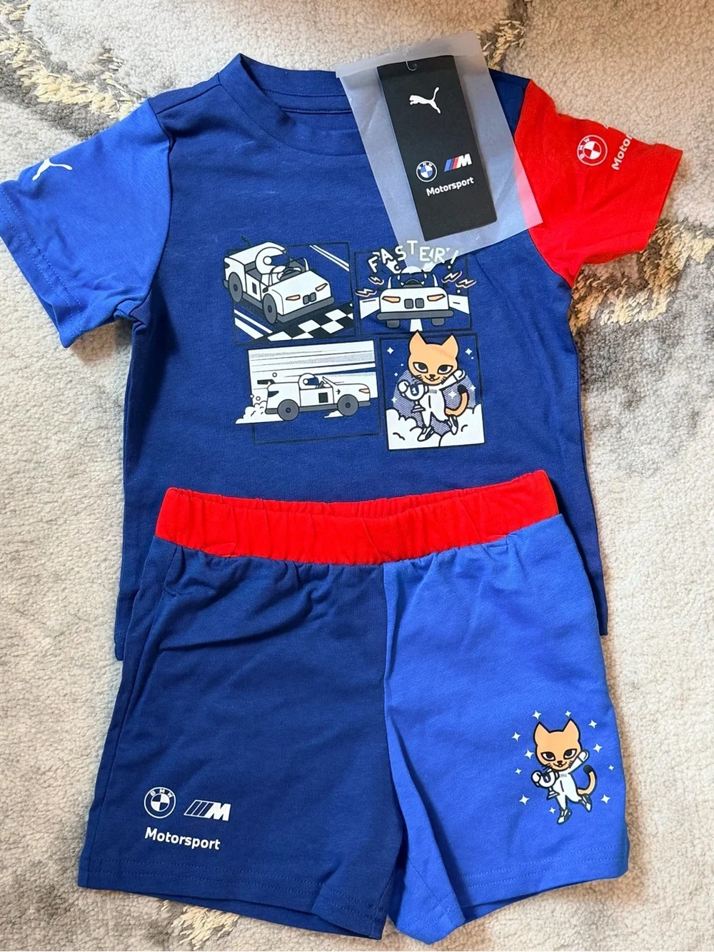 Puma Kids BMW Motorsport Racing Tee & Shorts Set - Blue & Red - Picture 1 of 3